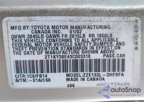 2003 Toyota Matrix Xrs from USA, damaged, VIN 2T1KY38E43C003318